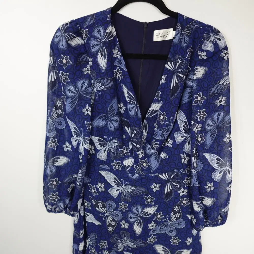 Eliza J Floral Long Sleeve Faux Wrap Midi Dress Blue Butterfly Floral New Size 4 - Picture 6 of 11